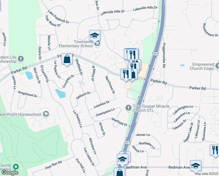 map of restaurants, bars, coffee shops, grocery stores, and more near 9 Ranchview Drive in Florissant