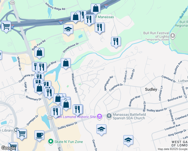 map of restaurants, bars, coffee shops, grocery stores, and more near 10415 Rapidan Lane in Manassas