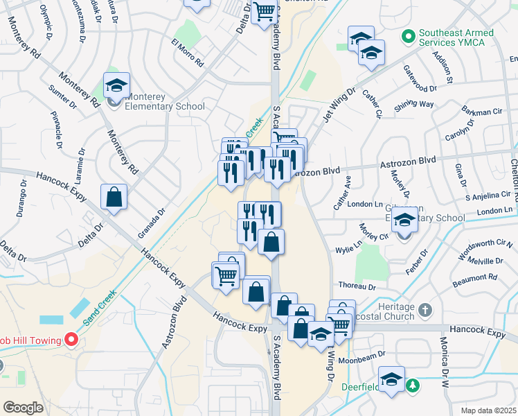 map of restaurants, bars, coffee shops, grocery stores, and more near 2544 South Academy Boulevard in Colorado Springs