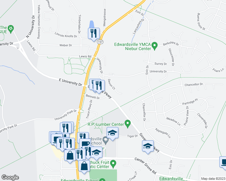 map of restaurants, bars, coffee shops, grocery stores, and more near 49 Devon Court in Edwardsville