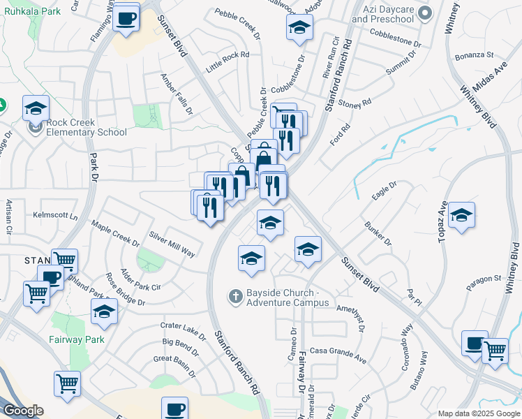 map of restaurants, bars, coffee shops, grocery stores, and more near 6023 Stanford Ranch Road in Rocklin