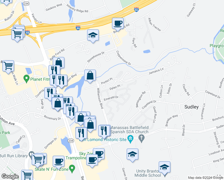 map of restaurants, bars, coffee shops, grocery stores, and more near 10465 Dylan Place in Manassas