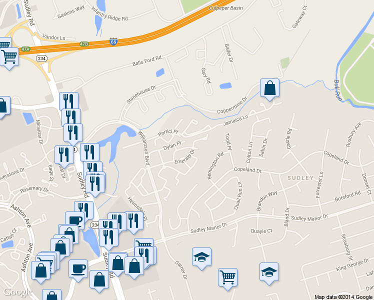 map of restaurants, bars, coffee shops, grocery stores, and more near 10415 Rapidan Lane in Manassas