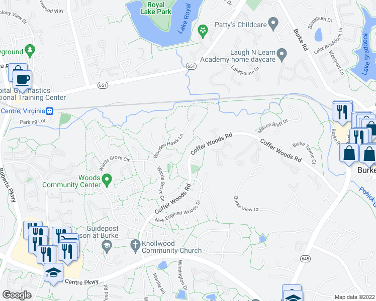 map of restaurants, bars, coffee shops, grocery stores, and more near 5714 Wood Duck Court in Burke