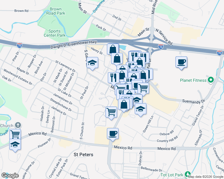map of restaurants, bars, coffee shops, grocery stores, and more near 162 McMenamy Road in Saint Peters
