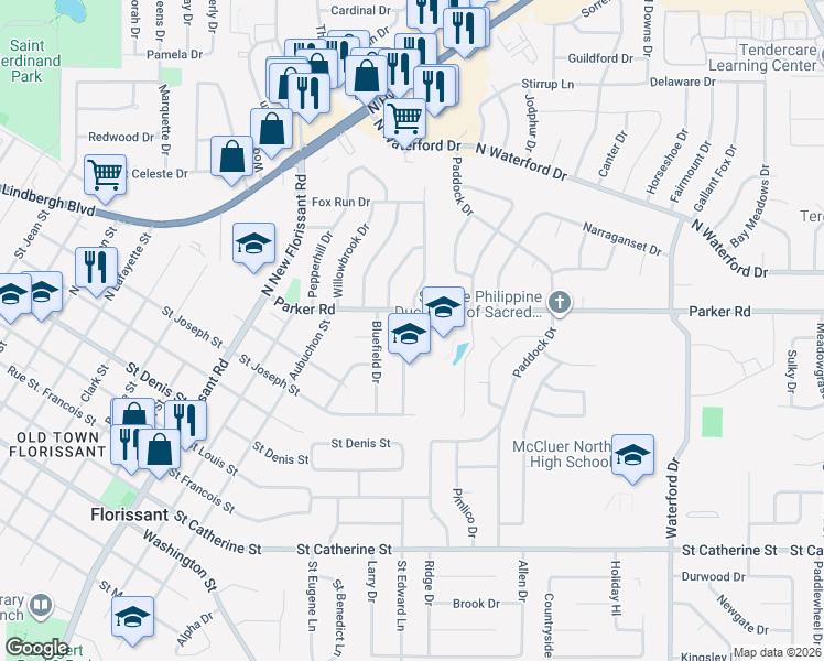 map of restaurants, bars, coffee shops, grocery stores, and more near 1215 Spring Valley Drive in Florissant