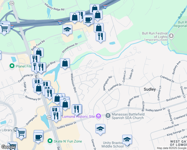 map of restaurants, bars, coffee shops, grocery stores, and more near 10413 Rapidan Lane in Manassas