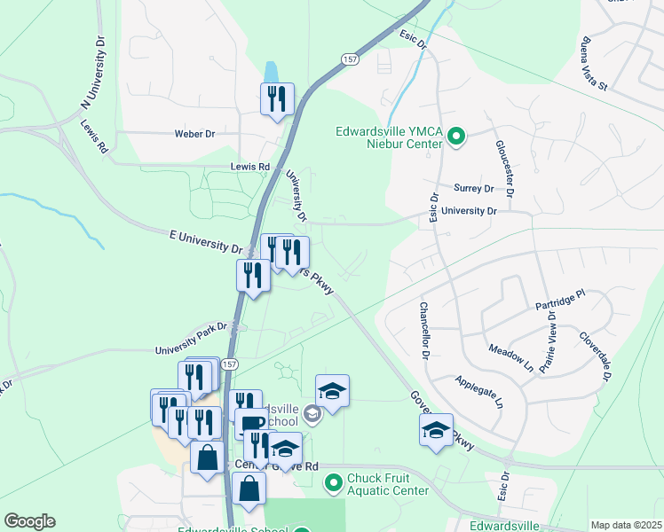 map of restaurants, bars, coffee shops, grocery stores, and more near 49 Devon Court in Edwardsville