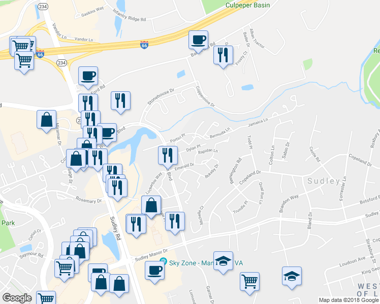 map of restaurants, bars, coffee shops, grocery stores, and more near 10461 Dylan Place in Manassas