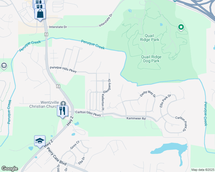 map of restaurants, bars, coffee shops, grocery stores, and more near 4005 Glengarry Drive in Wentzville