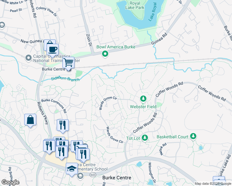 map of restaurants, bars, coffee shops, grocery stores, and more near 5719 Wood Mouse Court in Burke