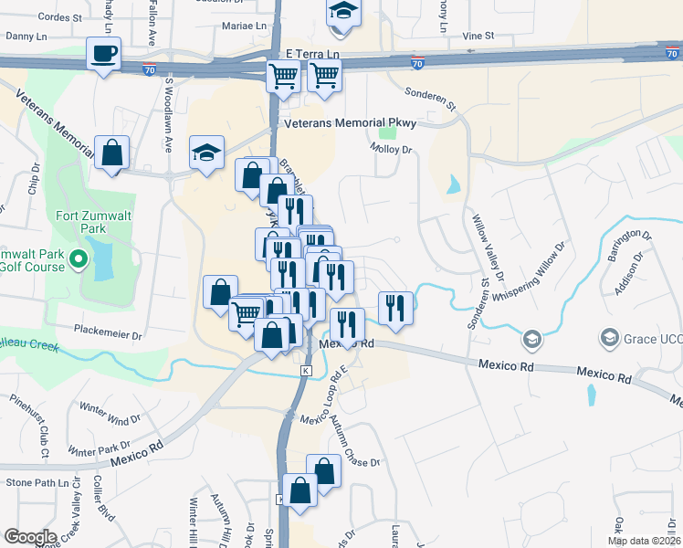 map of restaurants, bars, coffee shops, grocery stores, and more near 1111 Bramblett Road in O'Fallon