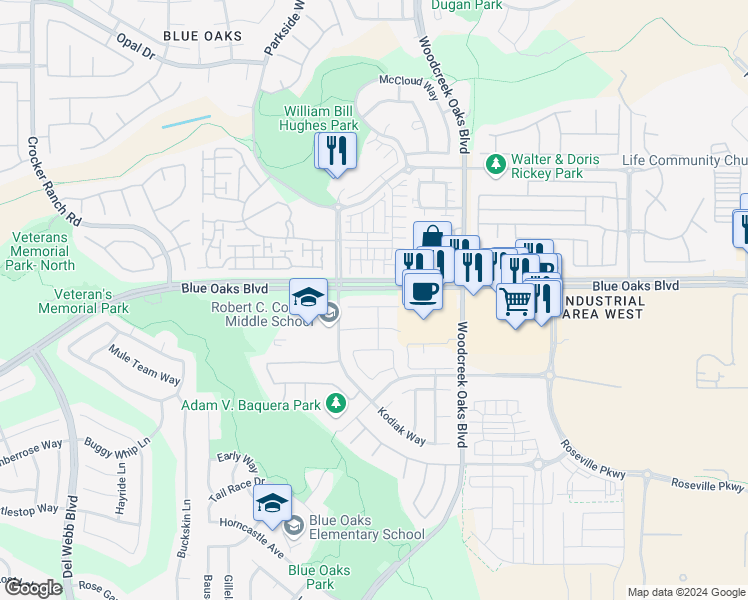 map of restaurants, bars, coffee shops, grocery stores, and more near 400 Talon Reach Court in Roseville