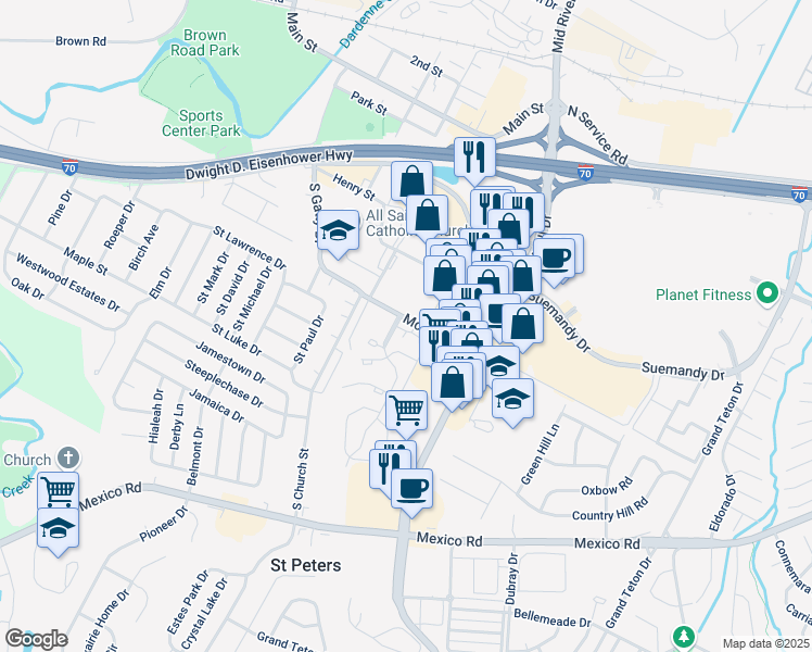 map of restaurants, bars, coffee shops, grocery stores, and more near 158 McMenamy Road in Saint Peters