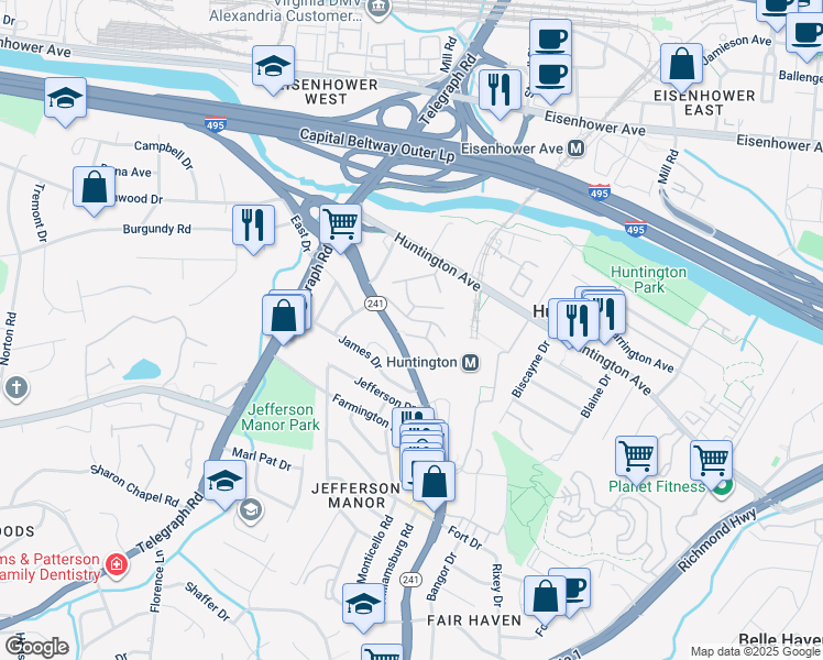 map of restaurants, bars, coffee shops, grocery stores, and more near 2634 Wagon Drive in Alexandria
