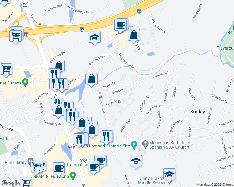 map of restaurants, bars, coffee shops, grocery stores, and more near 7494 Tangier Way in Manassas