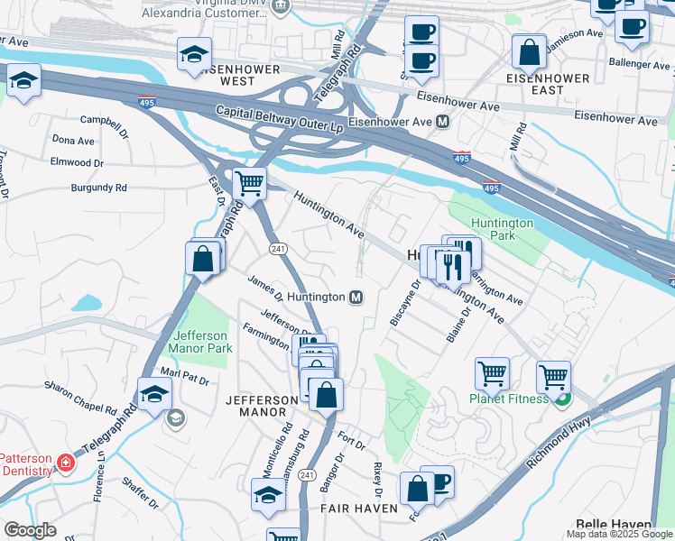 map of restaurants, bars, coffee shops, grocery stores, and more near 2612 Fort Farnsworth Road in Alexandria