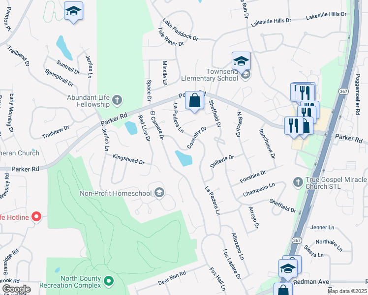 map of restaurants, bars, coffee shops, grocery stores, and more near 6363 Coventry Drive in Florissant