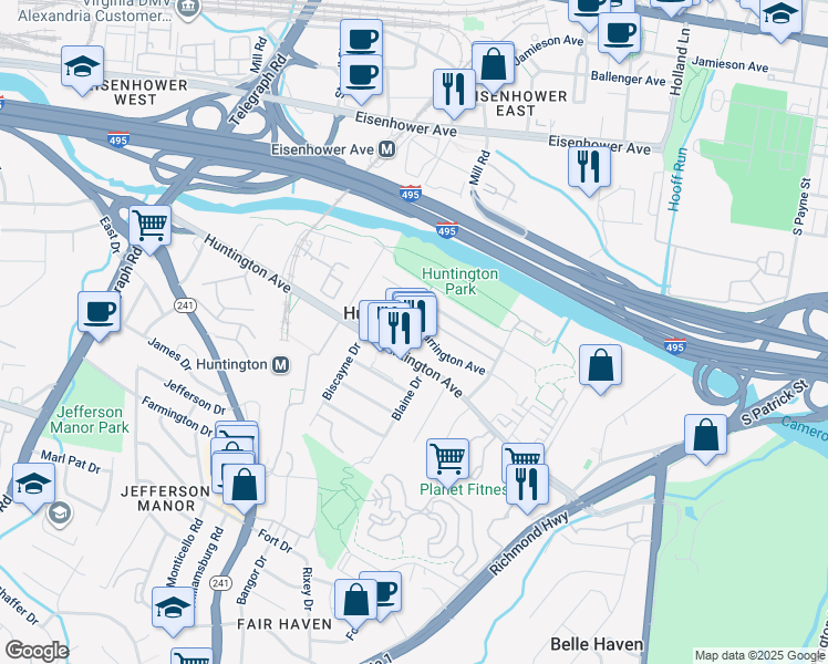 map of restaurants, bars, coffee shops, grocery stores, and more near 2237 Farrington Avenue in Alexandria