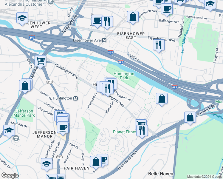 map of restaurants, bars, coffee shops, grocery stores, and more near 2237 Farrington Avenue in Alexandria
