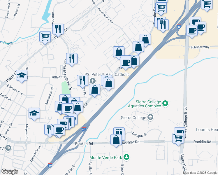 map of restaurants, bars, coffee shops, grocery stores, and more near 4441 Granite Drive in Rocklin