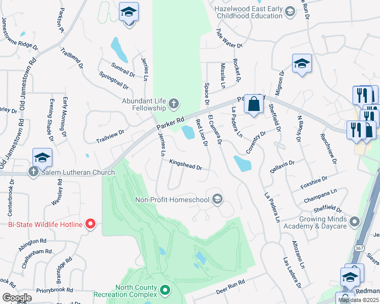 map of restaurants, bars, coffee shops, grocery stores, and more near 5999 Sir Edward Court in Florissant