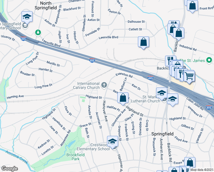 map of restaurants, bars, coffee shops, grocery stores, and more near 7301 Byeforde Court in Springfield