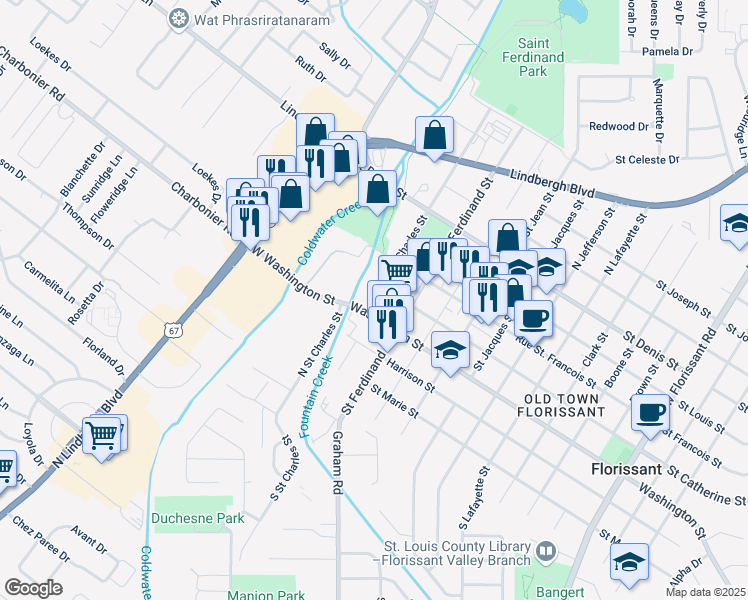 map of restaurants, bars, coffee shops, grocery stores, and more near 446 North Saint Charles Street in Florissant