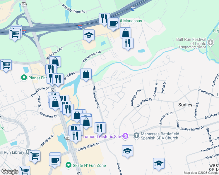 map of restaurants, bars, coffee shops, grocery stores, and more near 7492 Tangier Way in Manassas