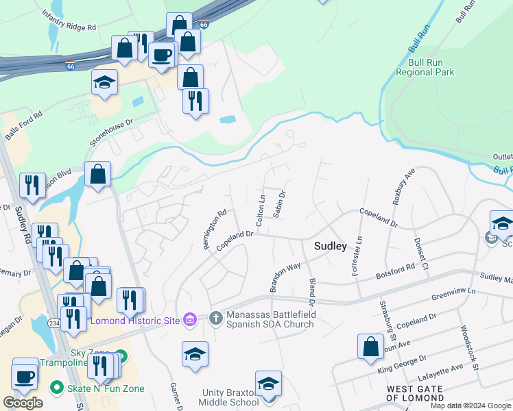 map of restaurants, bars, coffee shops, grocery stores, and more near 10201 Yuma Court in Manassas