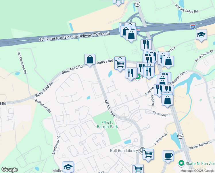 map of restaurants, bars, coffee shops, grocery stores, and more near 11098 Mcleans Barn Terrace in Manassas