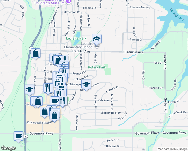 map of restaurants, bars, coffee shops, grocery stores, and more near 727 Bollman Avenue in Edwardsville