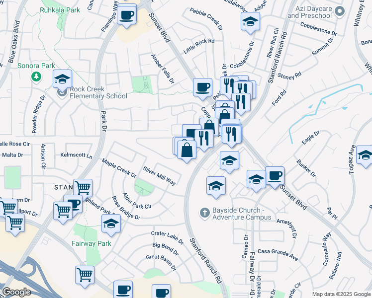 map of restaurants, bars, coffee shops, grocery stores, and more near 6160 Stanford Ranch Road in Rocklin