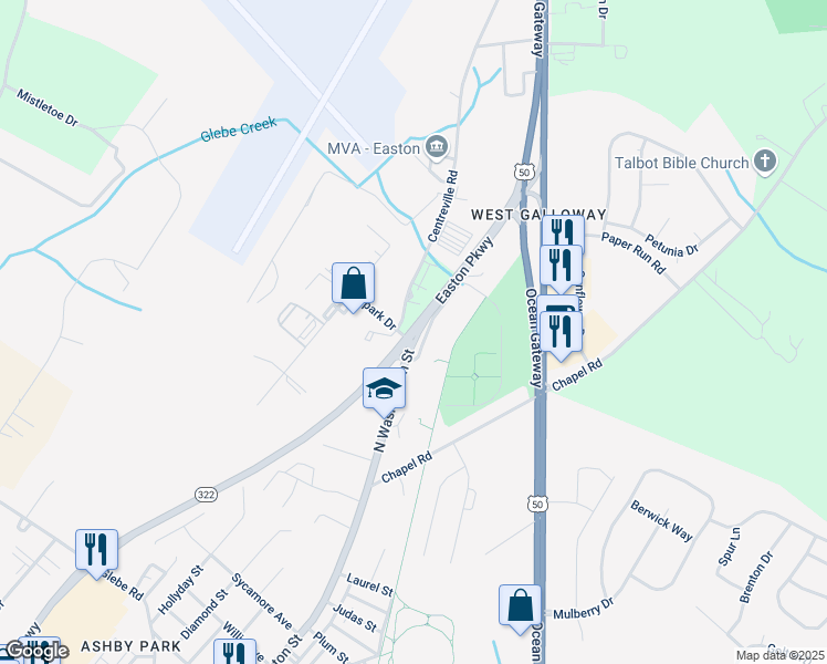 map of restaurants, bars, coffee shops, grocery stores, and more near in Easton