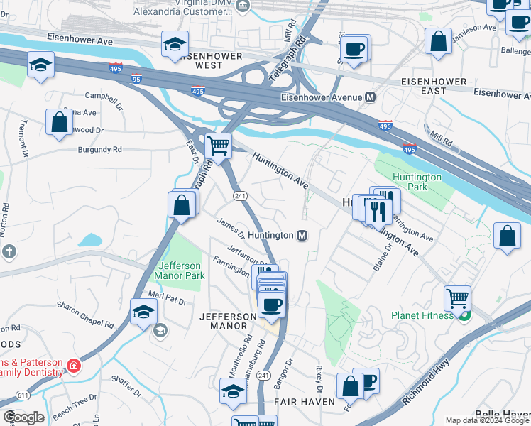 map of restaurants, bars, coffee shops, grocery stores, and more near 2630 Wagon Drive in Alexandria