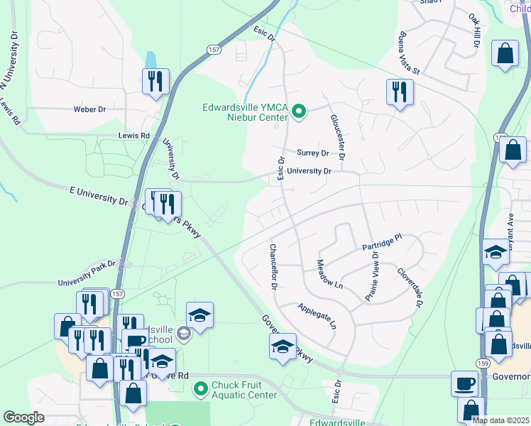 map of restaurants, bars, coffee shops, grocery stores, and more near 29 Dorset Court in Edwardsville