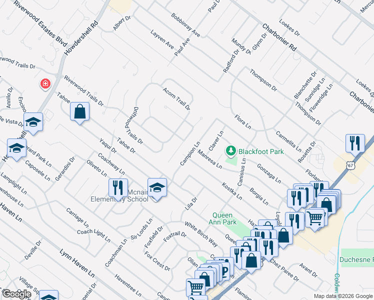 map of restaurants, bars, coffee shops, grocery stores, and more near 1010 Campion Lane in Florissant