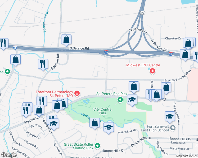 map of restaurants, bars, coffee shops, grocery stores, and more near Executive Centre Parkway in St. Peters