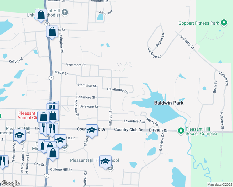 map of restaurants, bars, coffee shops, grocery stores, and more near 801 Johnson Circle in Pleasant Hill