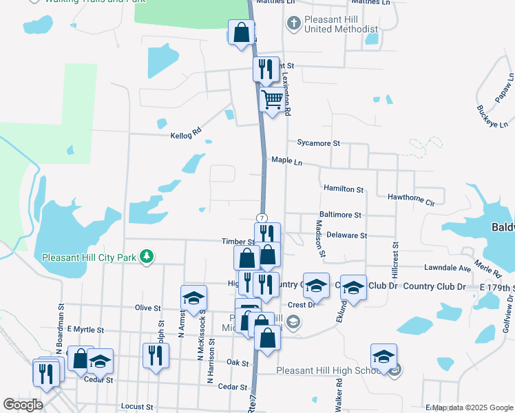map of restaurants, bars, coffee shops, grocery stores, and more near 706 Missouri 7 in Pleasant Hill