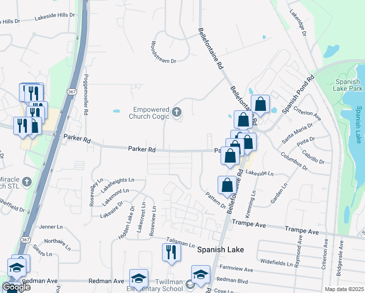 map of restaurants, bars, coffee shops, grocery stores, and more near 1755 Parker Road in Saint Louis