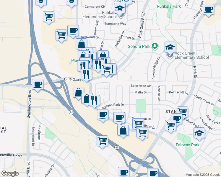 map of restaurants, bars, coffee shops, grocery stores, and more near 8580 Cortina Circle in Roseville