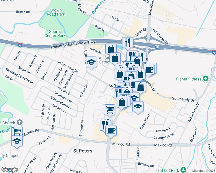 map of restaurants, bars, coffee shops, grocery stores, and more near 150 McMenamy Road in Saint Peters