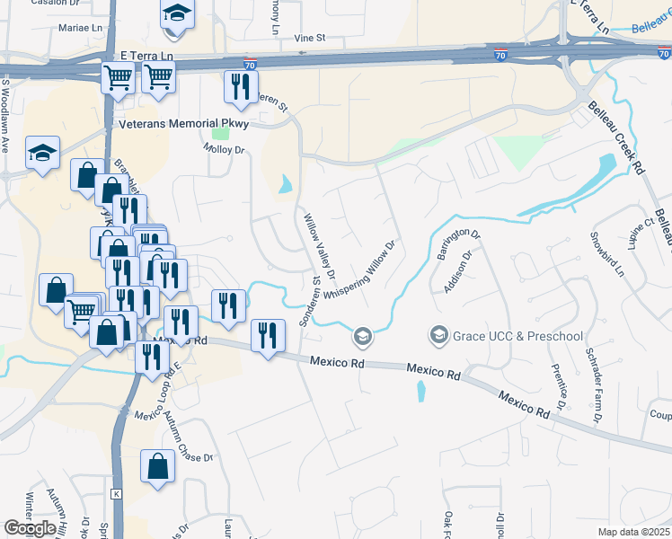 map of restaurants, bars, coffee shops, grocery stores, and more near 561 Willow Valley Drive in O'Fallon
