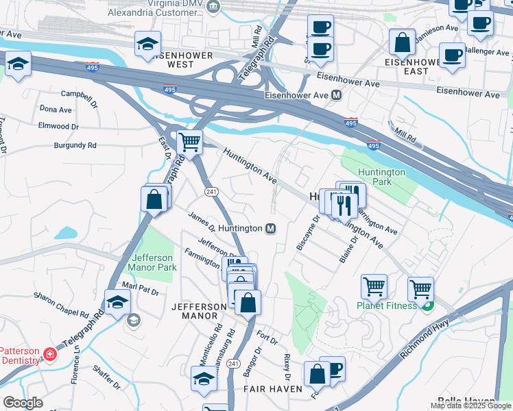 map of restaurants, bars, coffee shops, grocery stores, and more near 2611 Redcoat Drive in Alexandria
