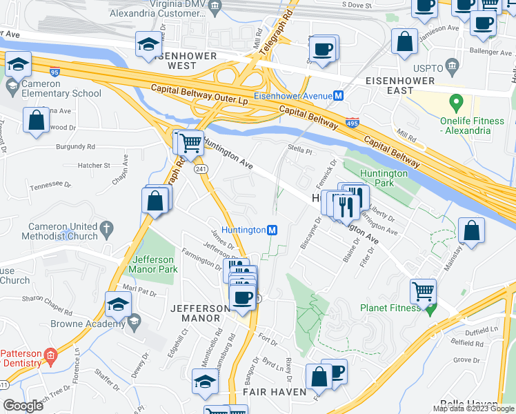 map of restaurants, bars, coffee shops, grocery stores, and more near 2612 Fort Farnsworth Road in Alexandria