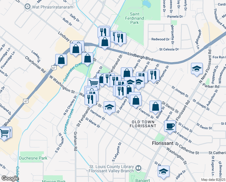 map of restaurants, bars, coffee shops, grocery stores, and more near 309 Rue Saint Francois in Florissant