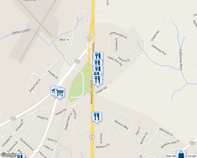 map of restaurants, bars, coffee shops, grocery stores, and more near 8957 Ocean Gateway in Easton