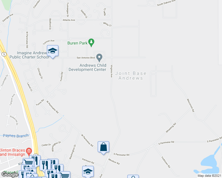 map of restaurants, bars, coffee shops, grocery stores, and more near Virginia Avenue in Joint Base Andrews