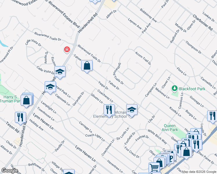 map of restaurants, bars, coffee shops, grocery stores, and more near 1545 Yaqui Drive in Florissant